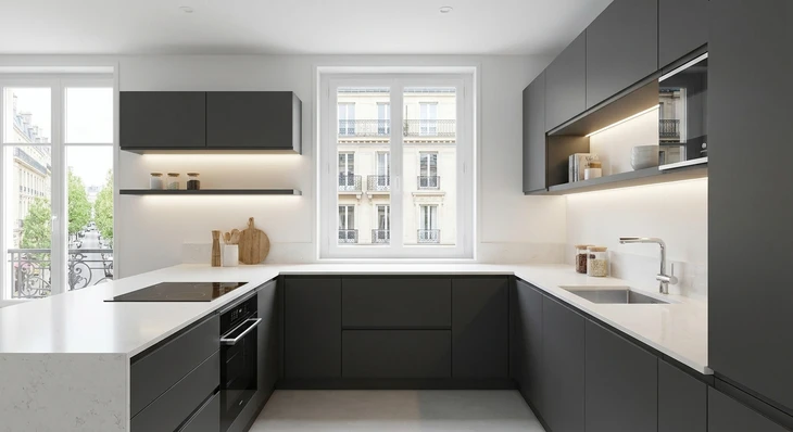 Un artisan en tenue de travail bleue et blanche avec casque installe une crédence en bois dans une cuisine moderne