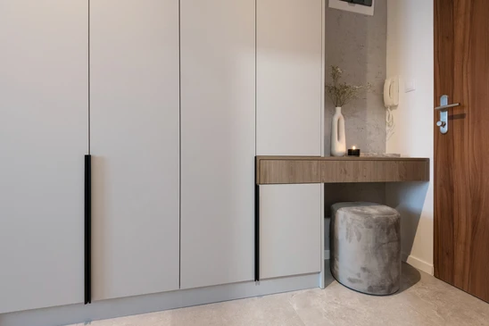 aménagement intérieur d'une nouvelle maison, couloir lumineux avec miroir et placard